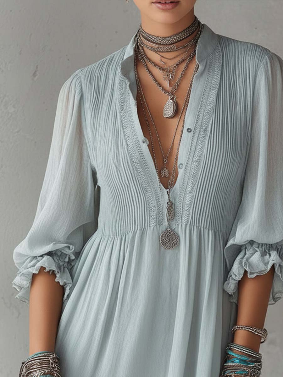 Retro Short-sleeved Ruffle Cuffs Chiffon Mini Dress