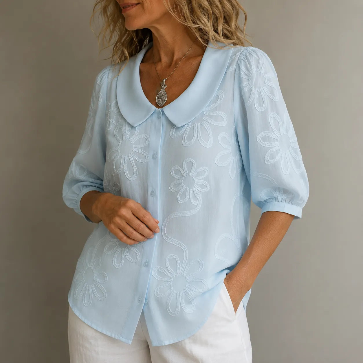 Fiora – Textured Floral Blouse with Puff Sleeves