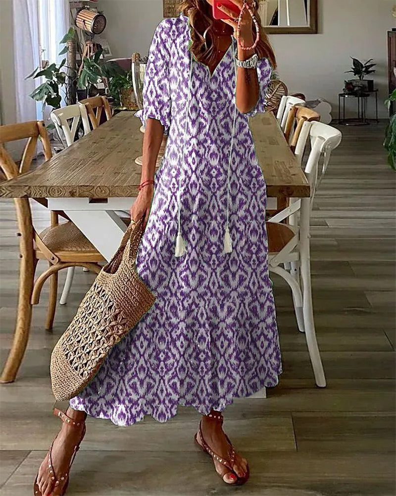 BARILA - V-Neck Geometric Print Maxi Dress