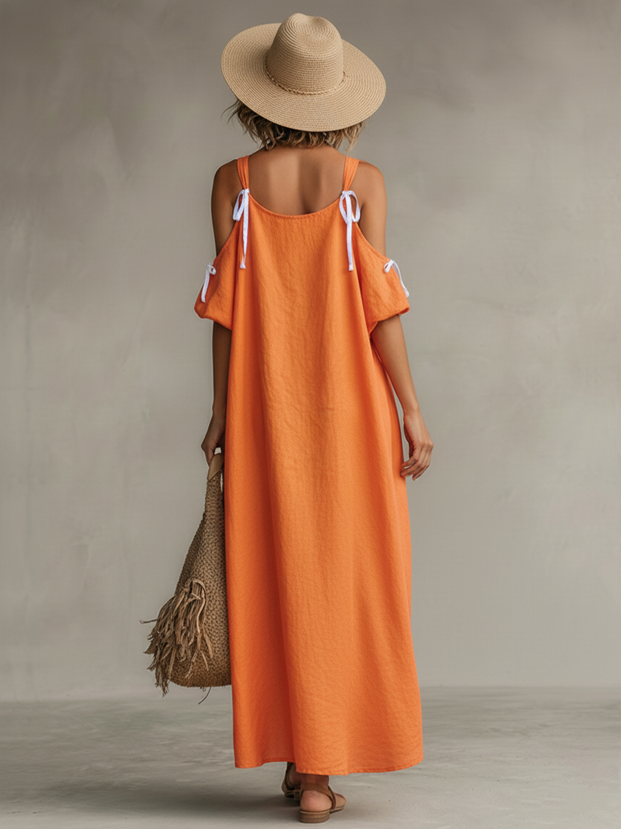 Women's Tangerine Linen Dress With Cold Shoulder & High-Low Hem, Timeless Boho-Resort Style Dress MDZ0337C4I