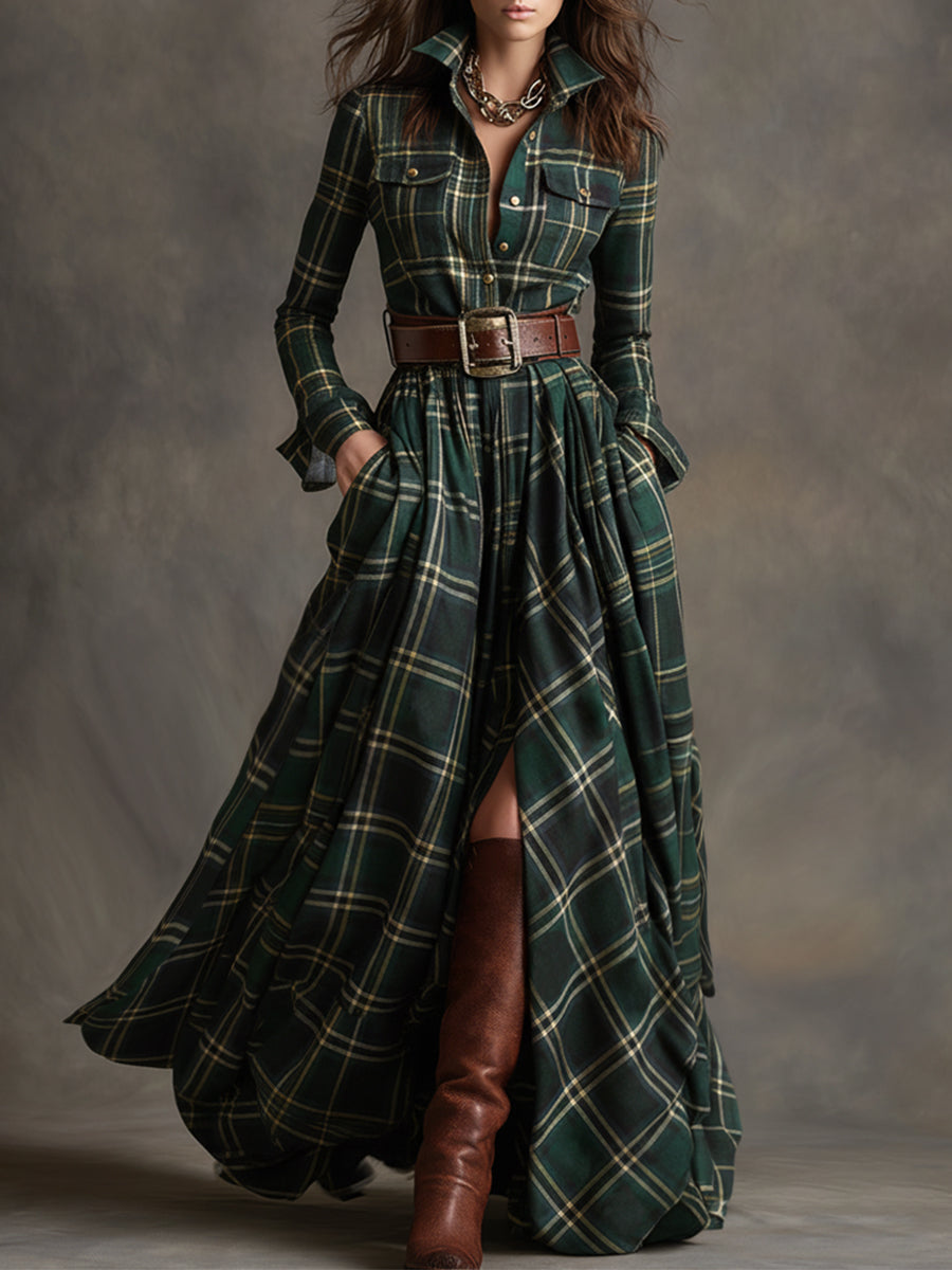Giulia - Long plaid dress in reddish-brown with collar and retro ethnic style