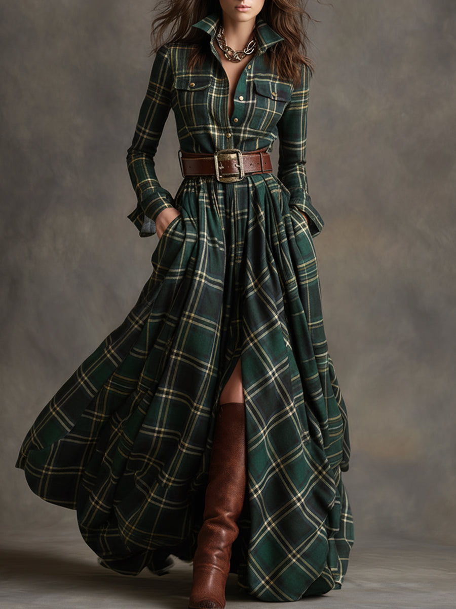 SIENNA – ELEGANT PLAID MAXI SHIRT DRESS