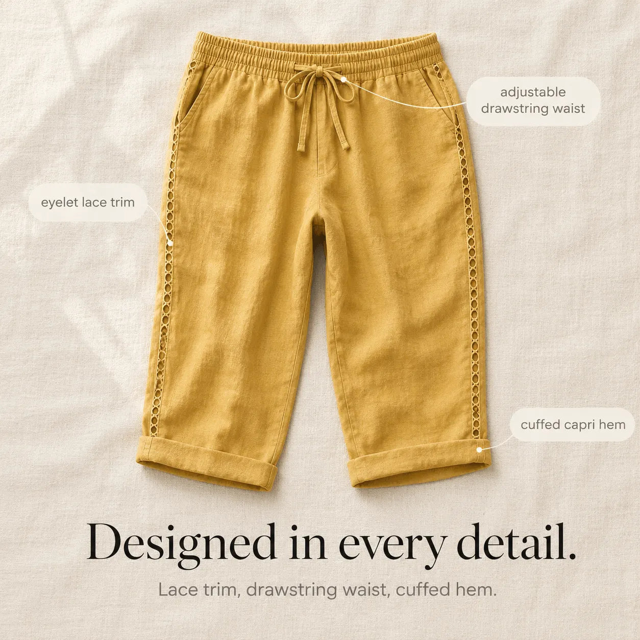 Loravie – Eyelet Trim Cotton-Linen-like Capri Pants with Drawstring Waist