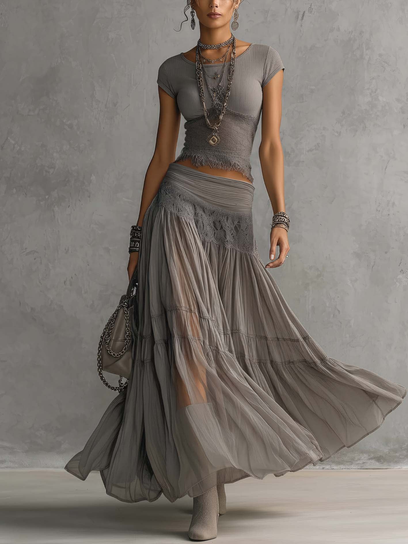 Elena - Lace-Paneled Top and Pleated Maxi Skirt Set