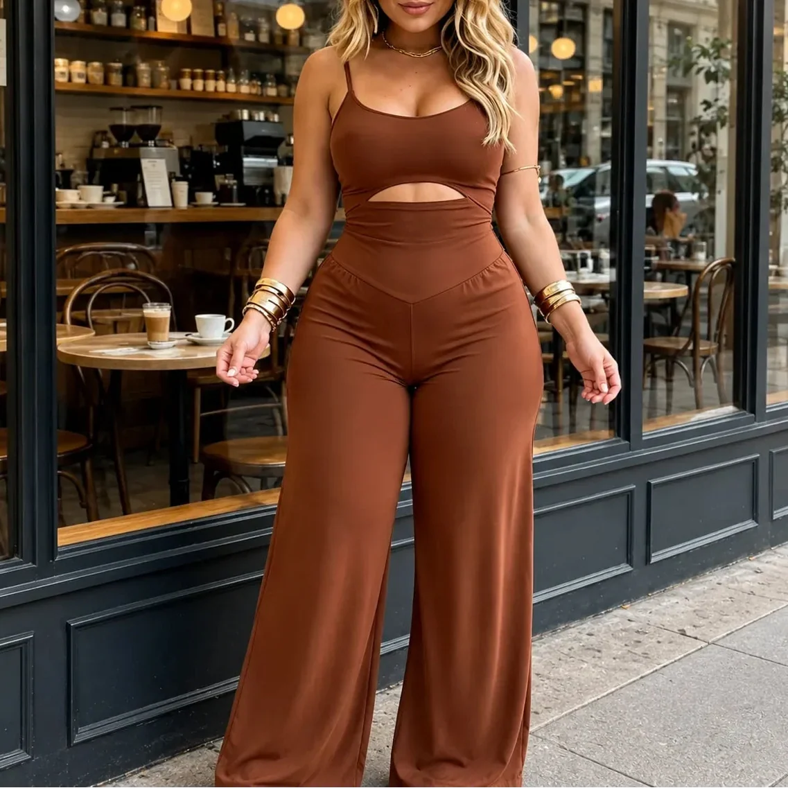 Florenza – Sleeveless Cutout Wide Leg Jumpsuit with Adjustable Back Tie