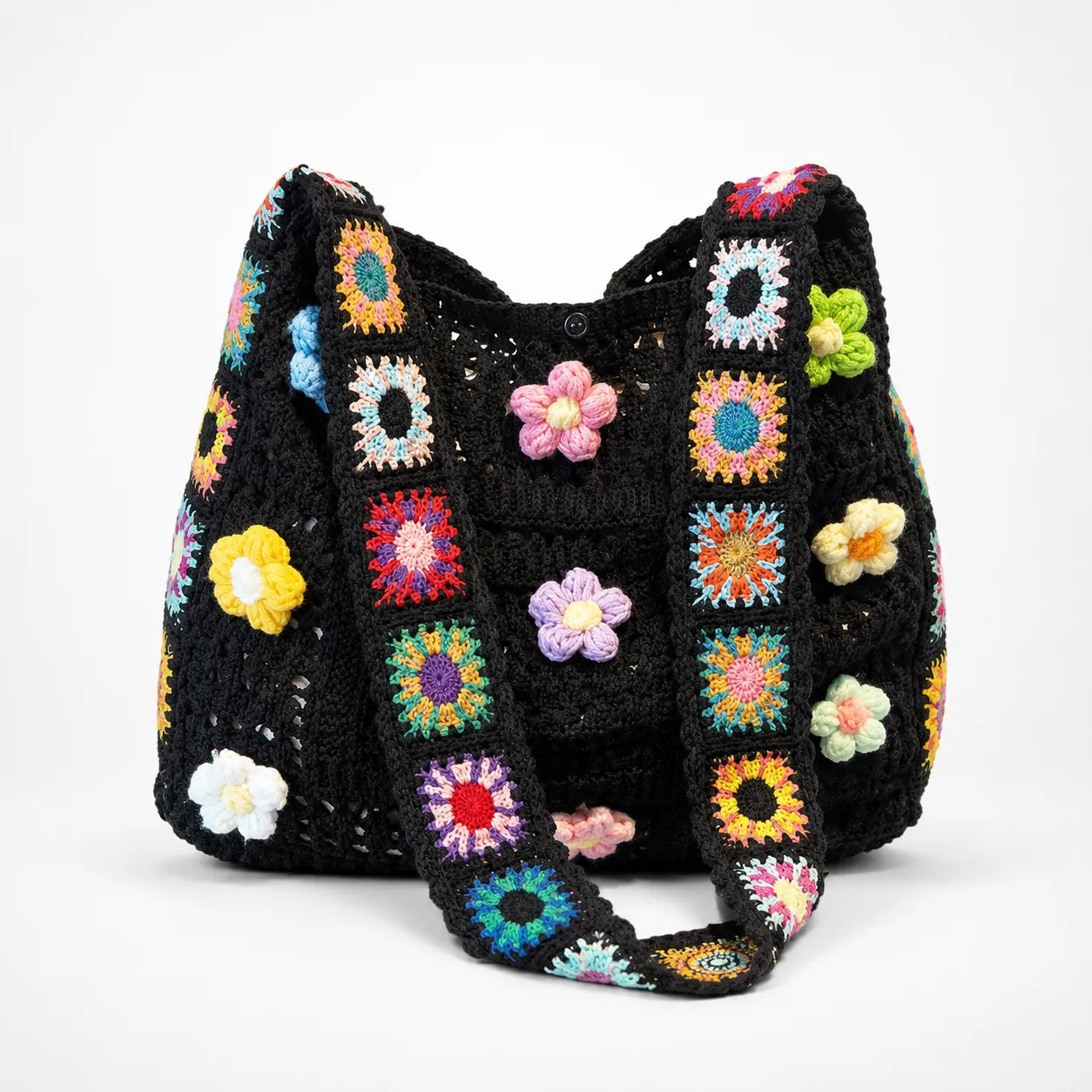 Florenza – Hand-Crocheted Floral Shoulder Bag for Women, Boho Granny-Square Tote with 3D Flowers
