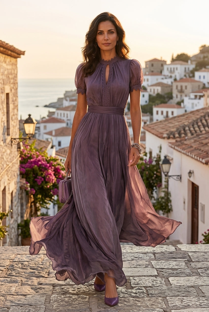 Petra - Elegant Long Dress in Lace and Refined Details