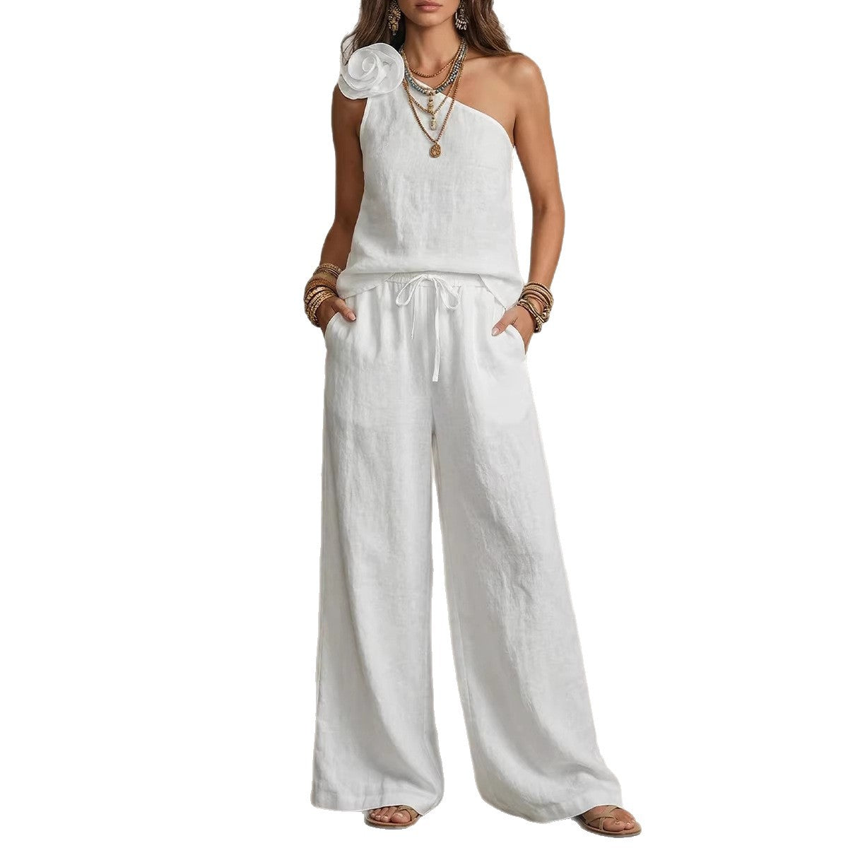 Elegant Two-Tone Set - Sleeveless Shirt and Pants