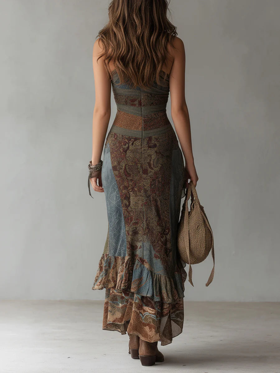 Elena | Printed Maxi Dress with One Shoulder and Ruffle Slit