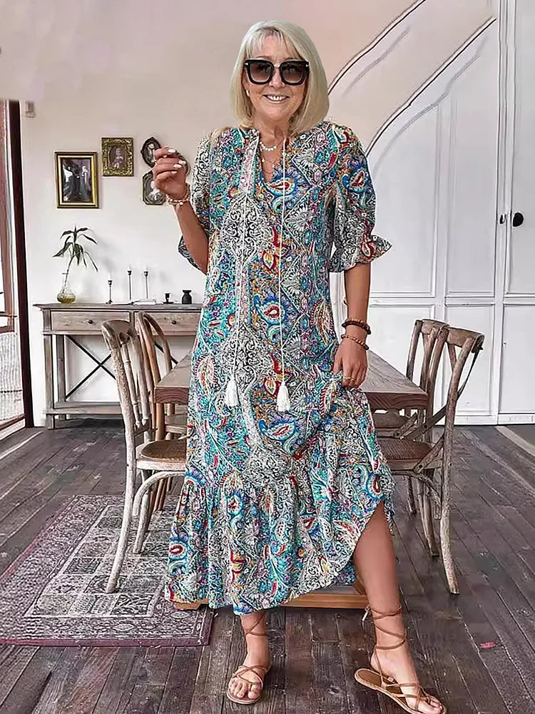 Carolette - Boho Drawstring Neck Maxi Dress