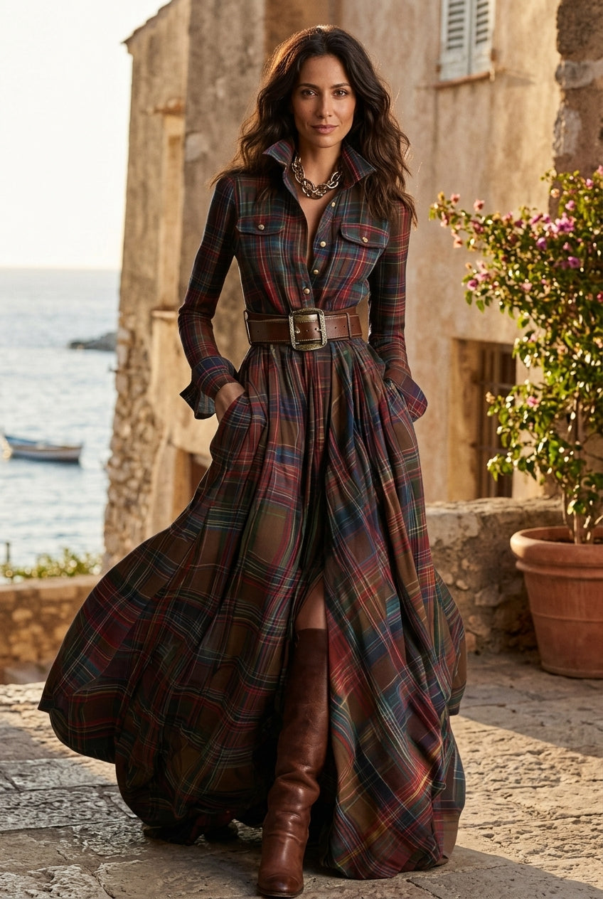 Timeless Check Maxi Dress - Rustic and Refined Elegance