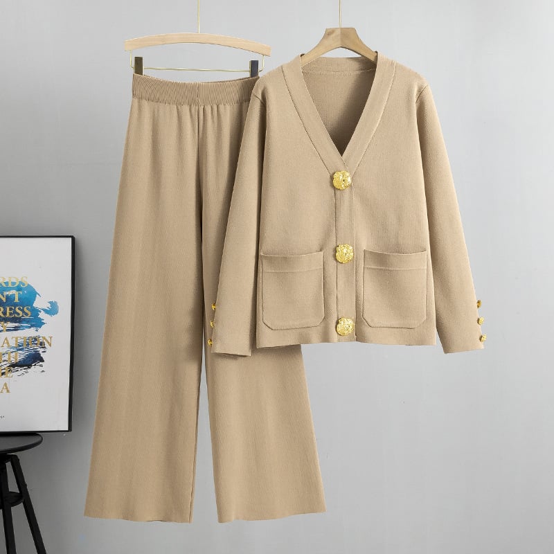 DAMARIS – METAL BUTTON WOOL SWEATER & WIDE-LEG PANTS SET