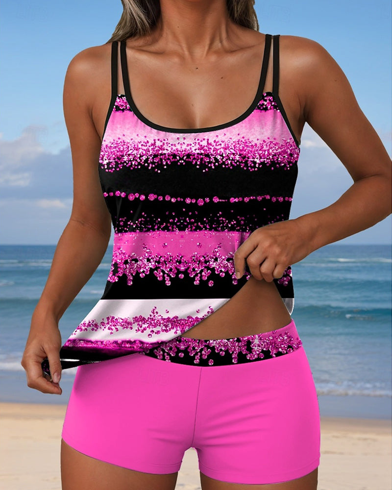 Swimsuit with relaxed shoulder straps and two-piece print