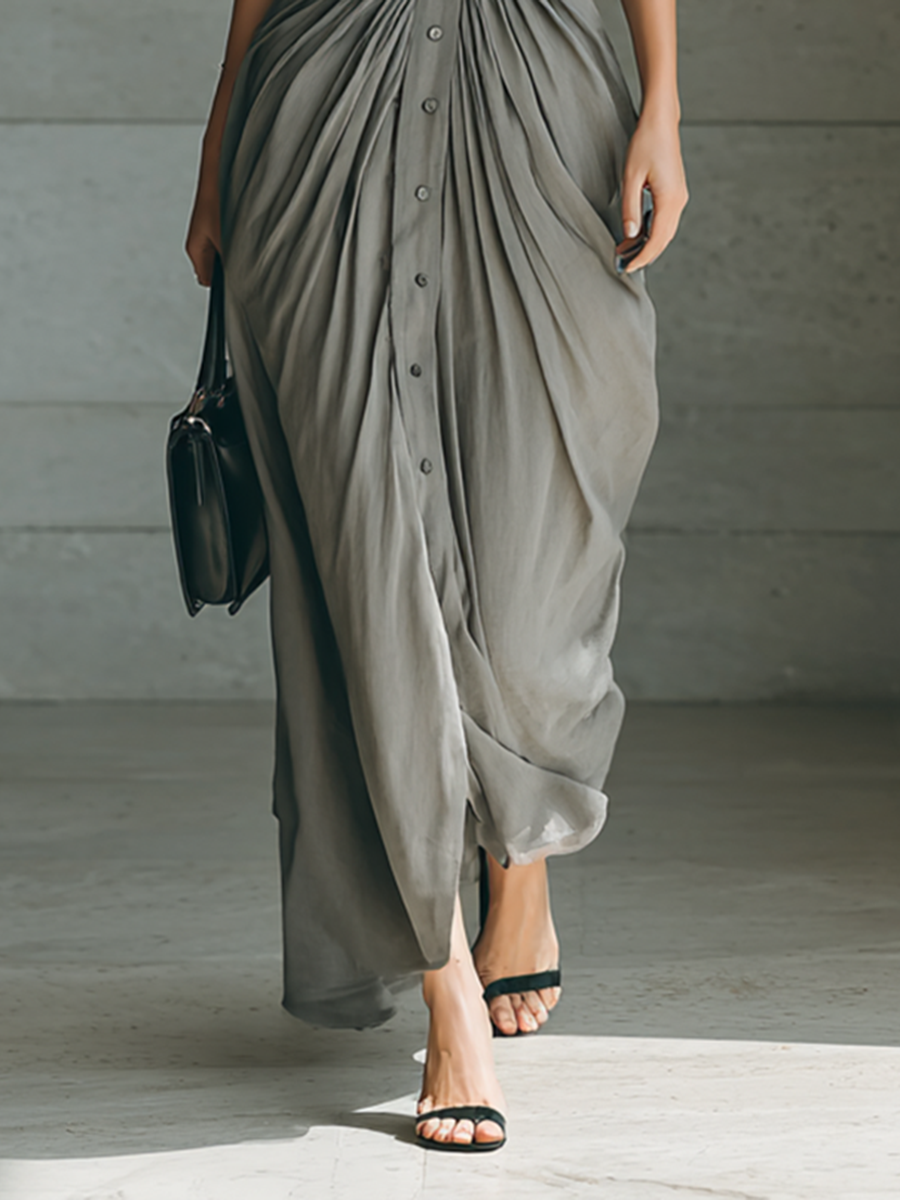 Ladies Lapel Long Sleeve Single Breasted Belt Maxi Dress MDA1758G1Y