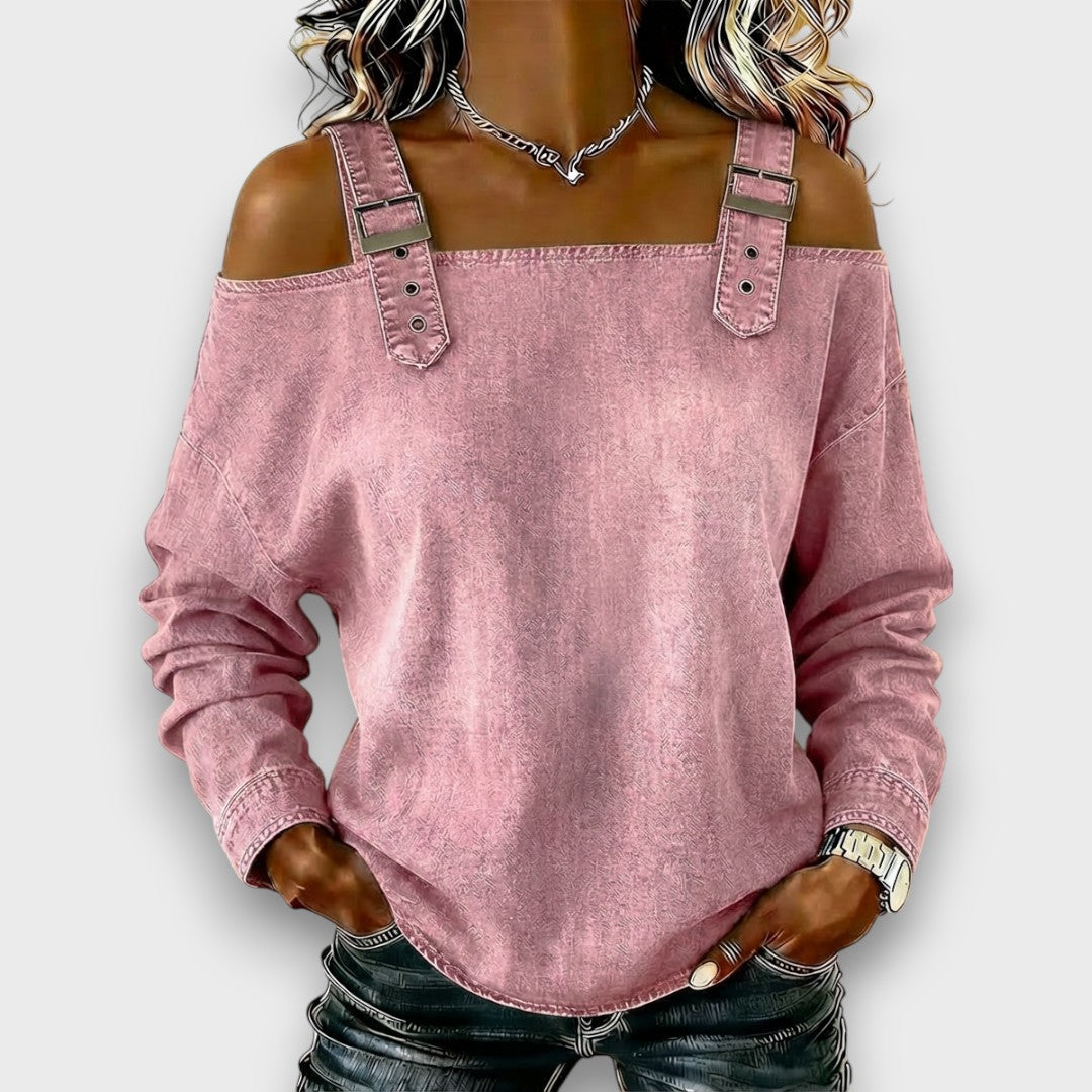 Velmira - Casual Buckle Strap Denim Top