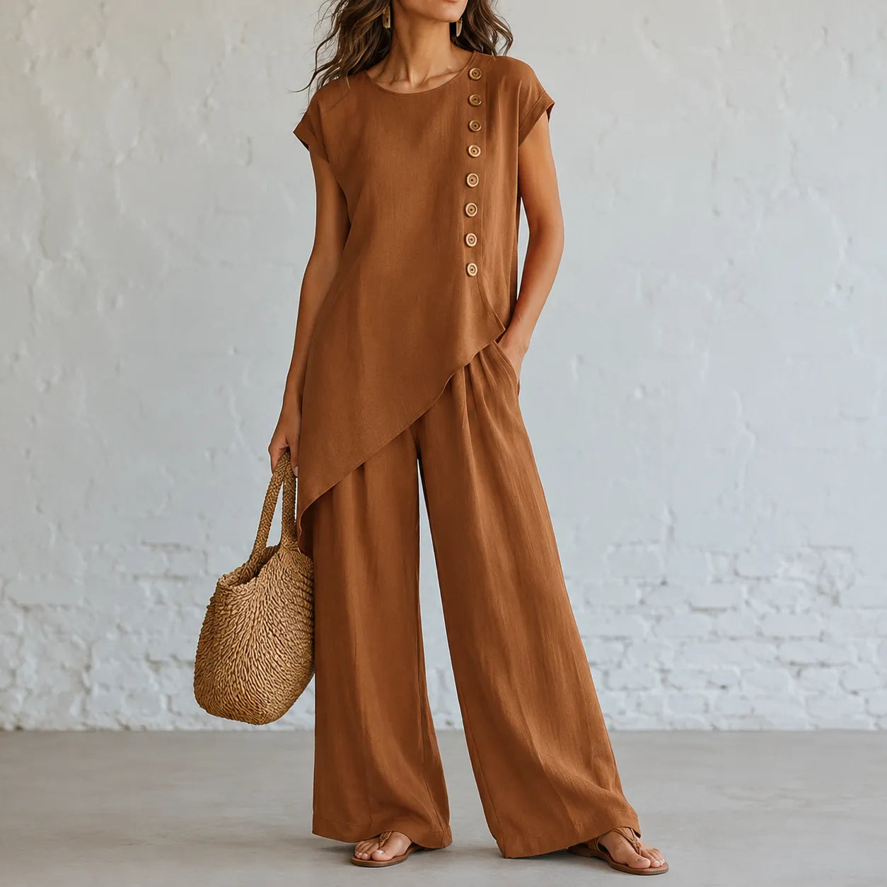 Elovena – Asymmetric Hem Matching Set with Wide-Leg Pants