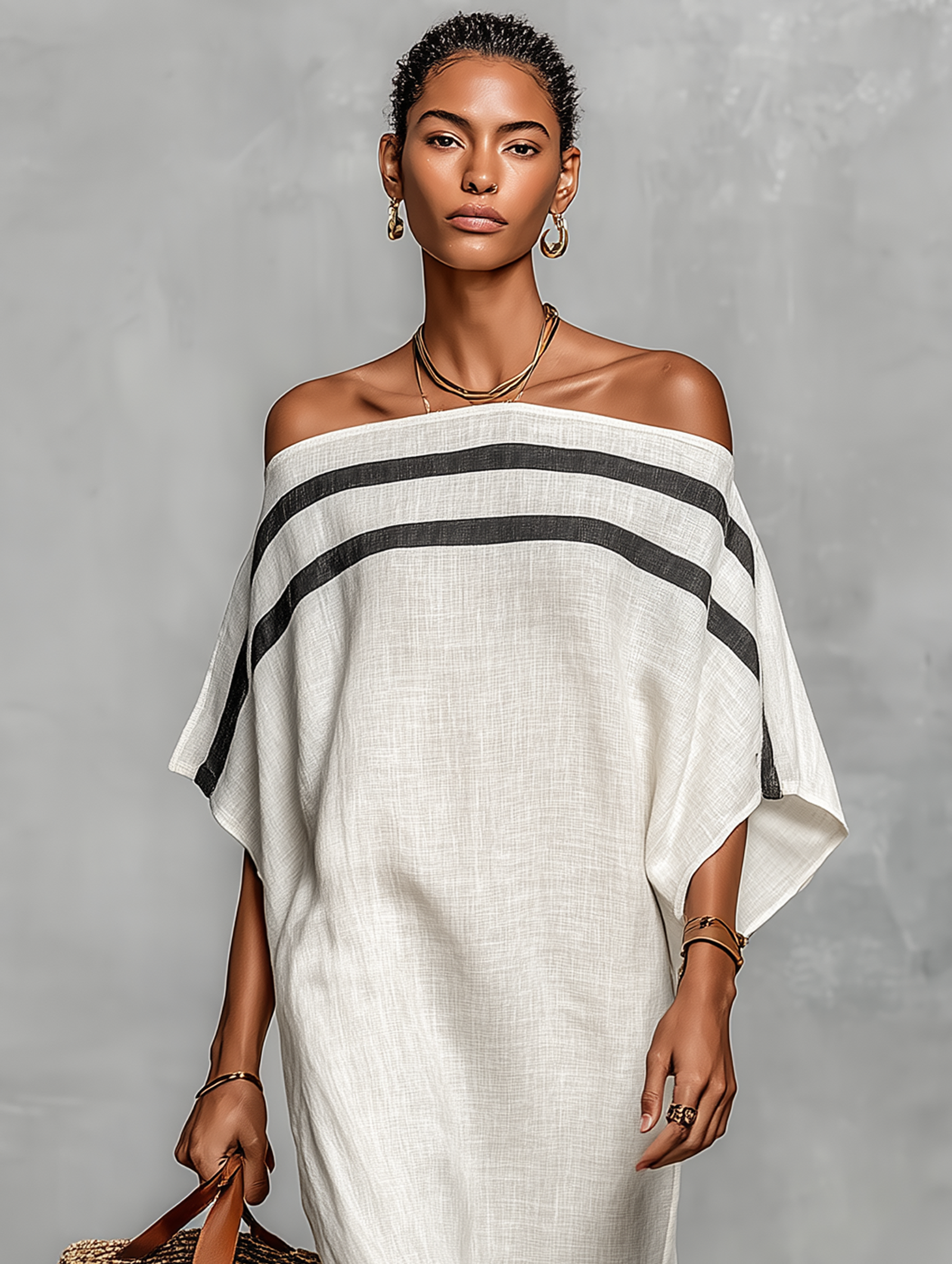 Maxi Minimalist Linen Dress for Women with Off-the-Shoulder Neckline and Batwing Sleeves