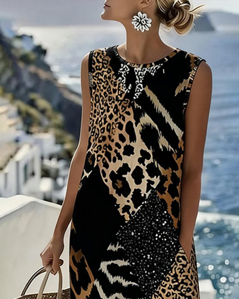 Leopard Print Patchwork Sleeveless Maxi Dress