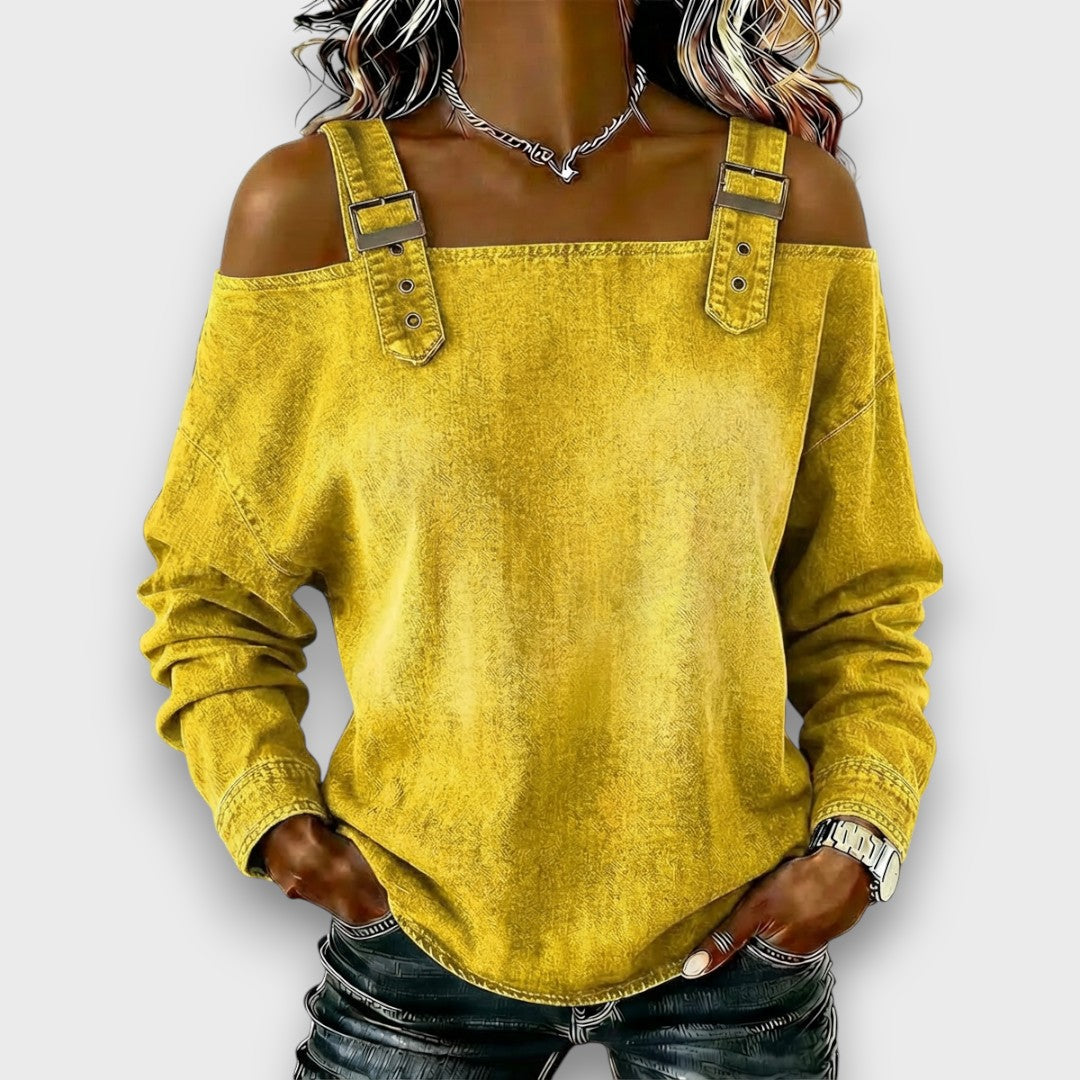 Velmira - Casual Buckle Strap Denim Top