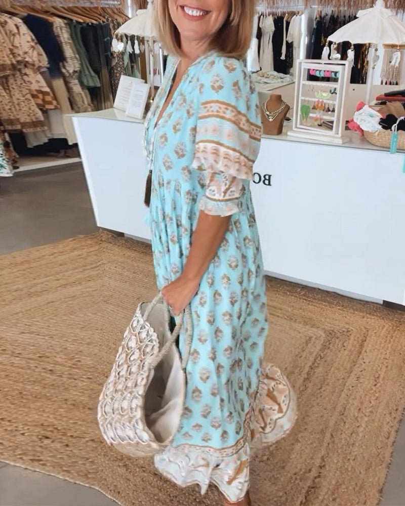 Isabella | Women's Boho Printed Tassel Tie Midi Dress