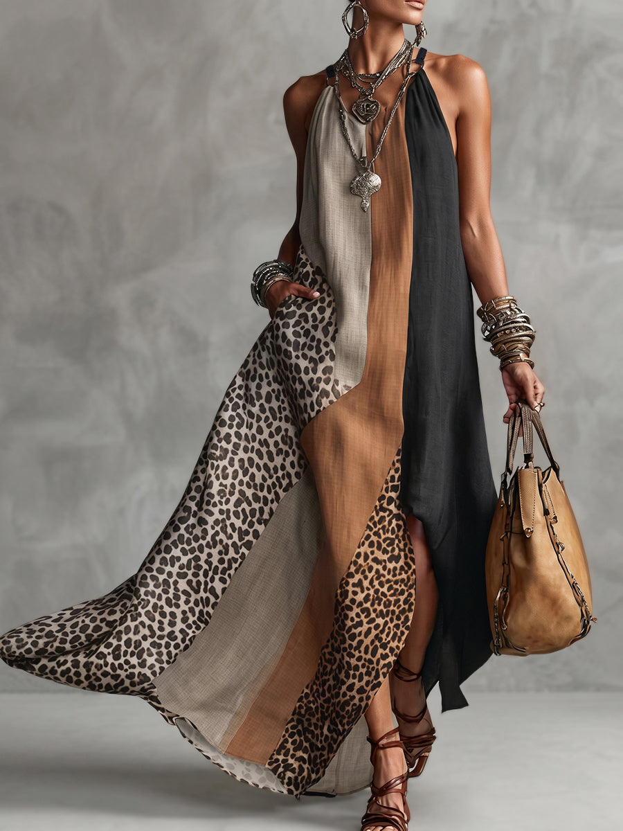 Terina - Long Dress with Leopard Print Panels