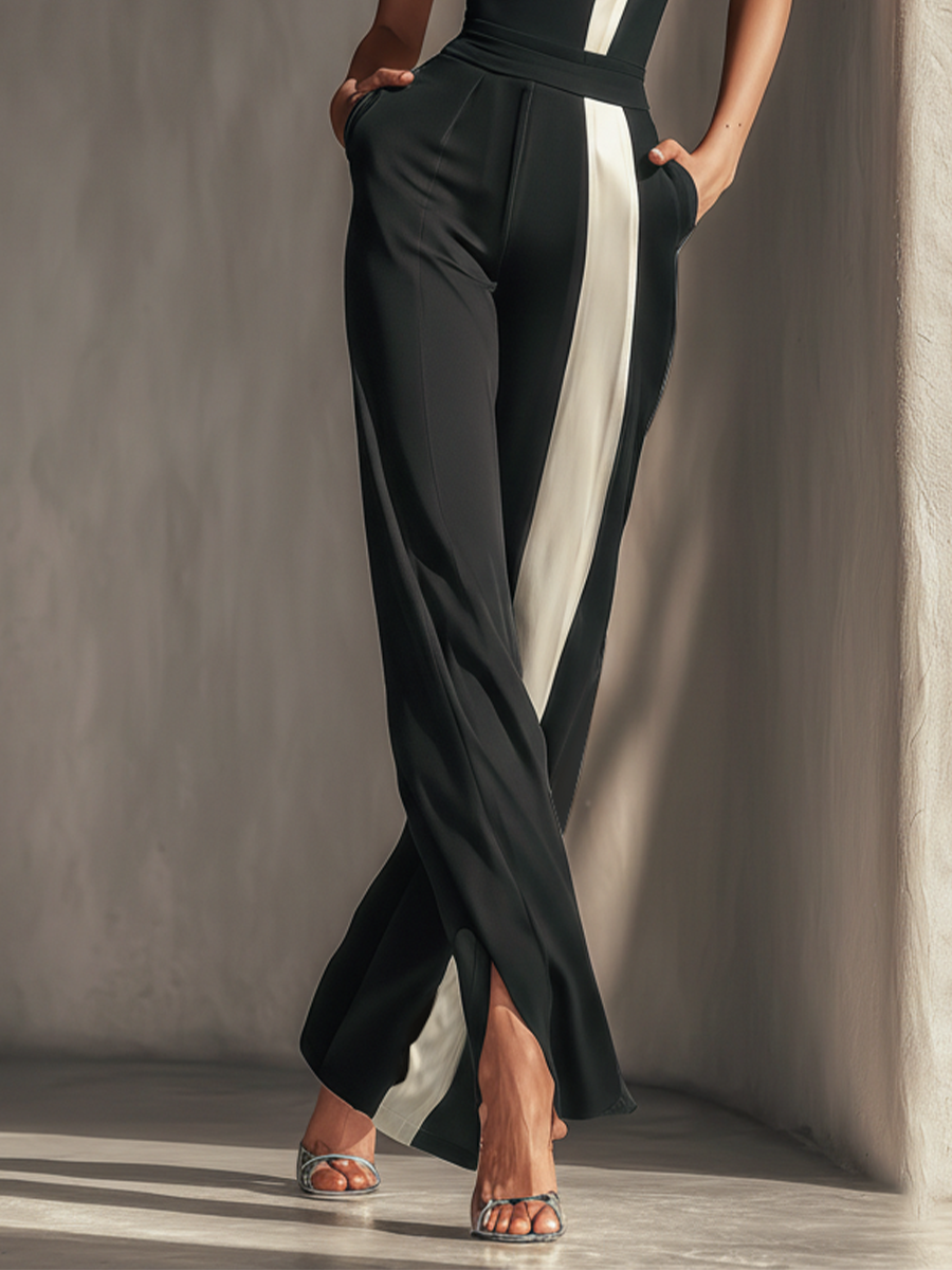 Women's Black Strapless Jumpsuit With Contrast White Vertical Stripe & Side Pockets MDZ0336C7T