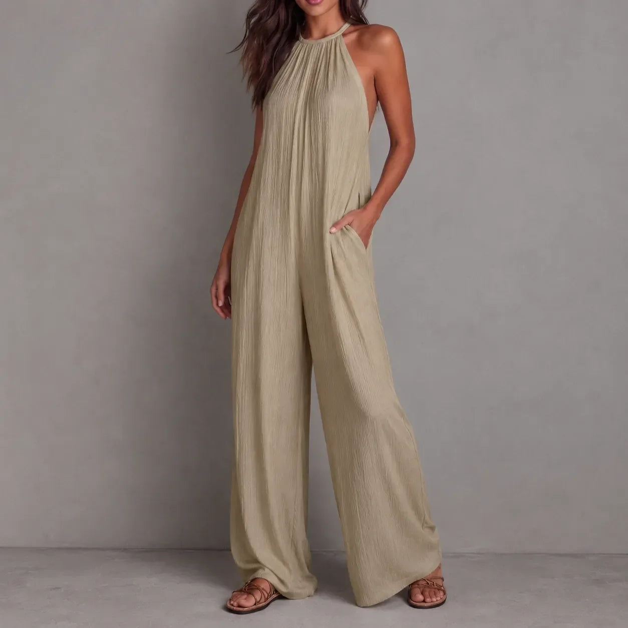 Drevana – Halter Wide-Leg Jumpsuit with Deep Pockets, Flowy Drape