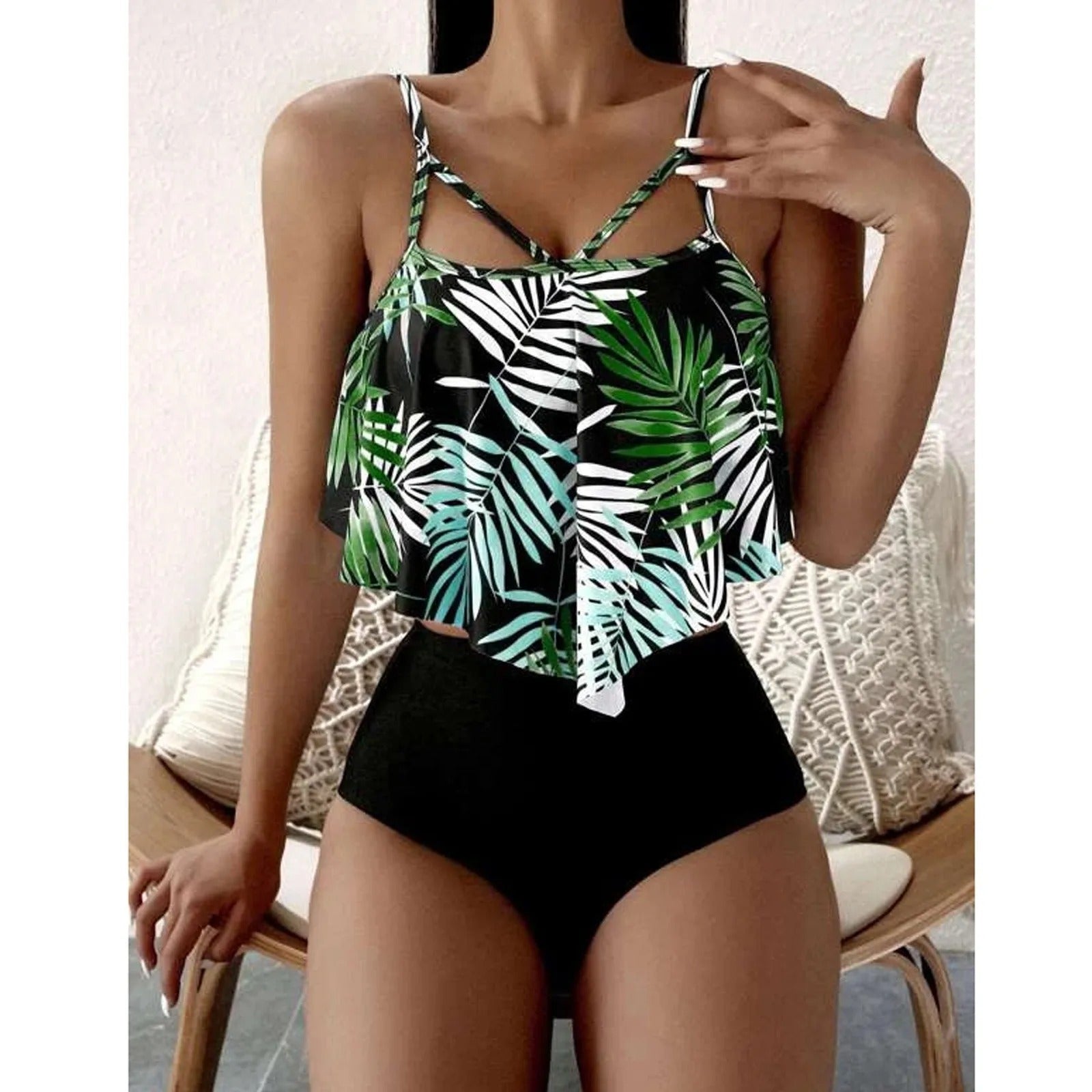LolaBeach - Ruffled Tankini with Leaf Print