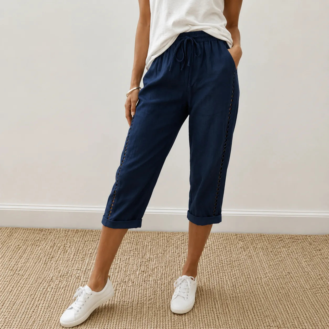 Loravie – Eyelet Trim Cotton-Linen-like Capri Pants with Drawstring Waist