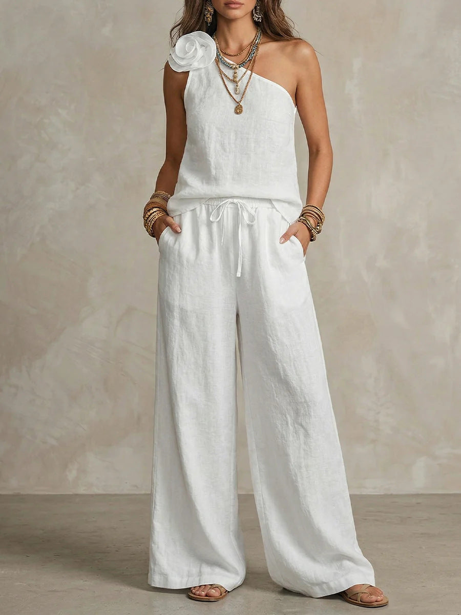 Elegant Two-Tone Set - Sleeveless Shirt and Pants