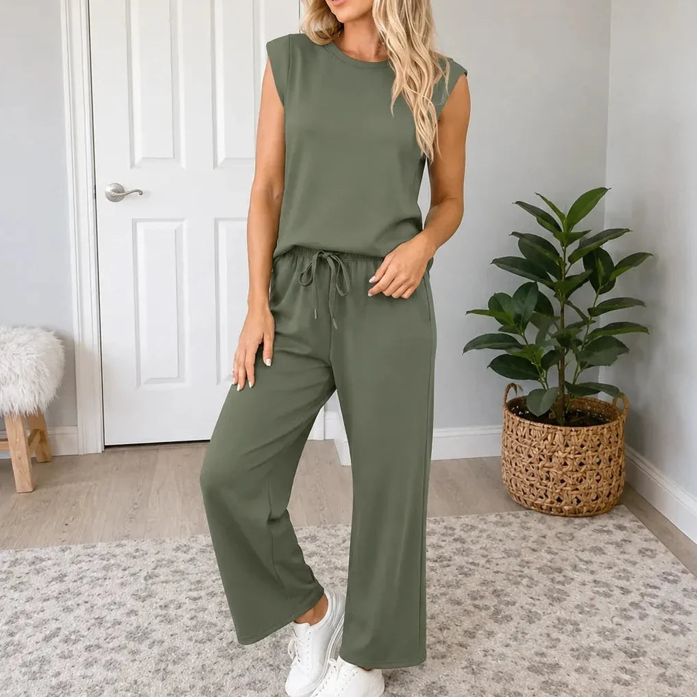 Lounella – Sleeveless Top & Wide-Leg Drawstring Pants 2-Piece Lounge Set