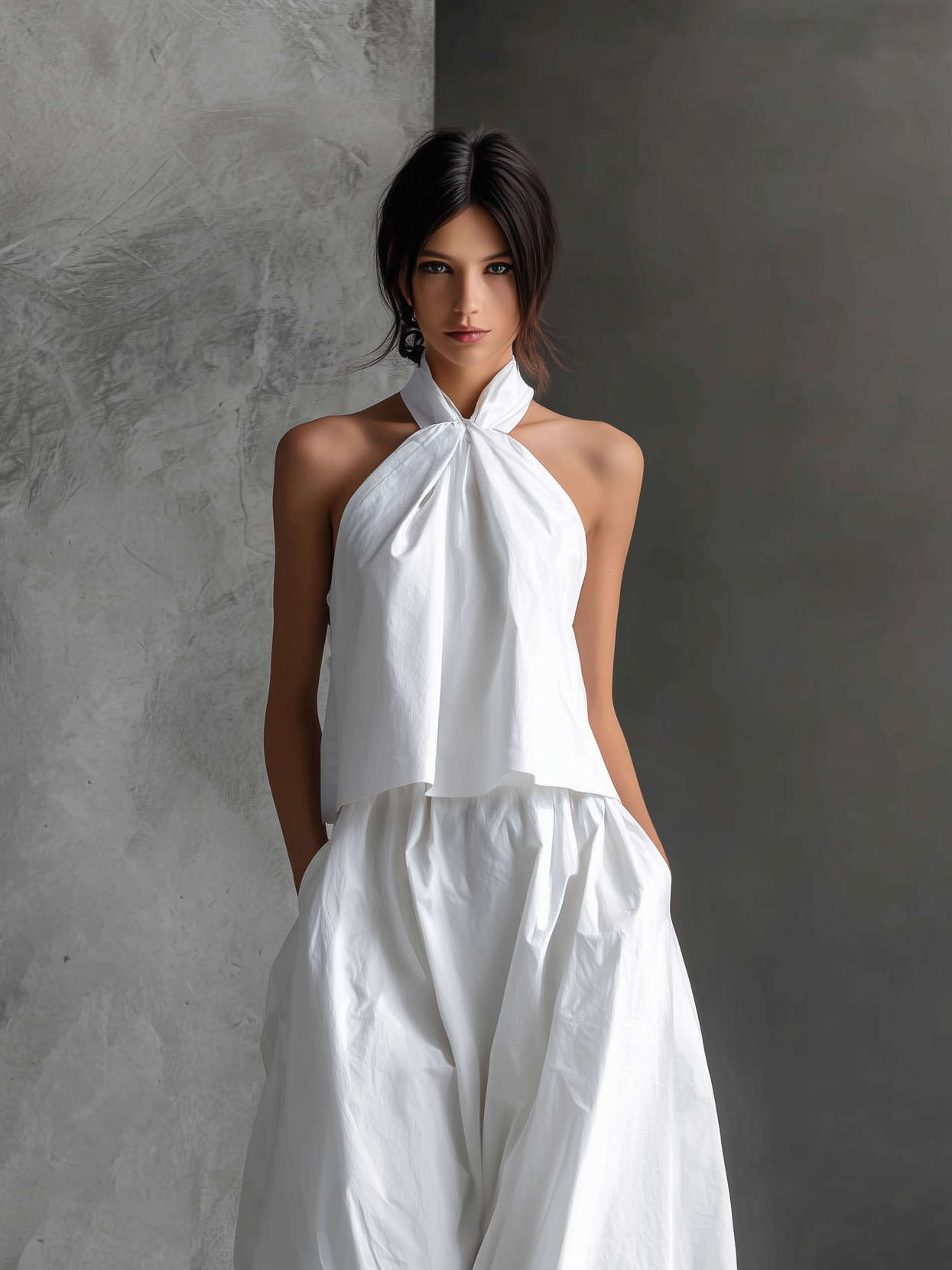 Women's Casual White Cotton And Linen Halter-neck Sleeveless Top And Skirt Set MDZ1269A6AN