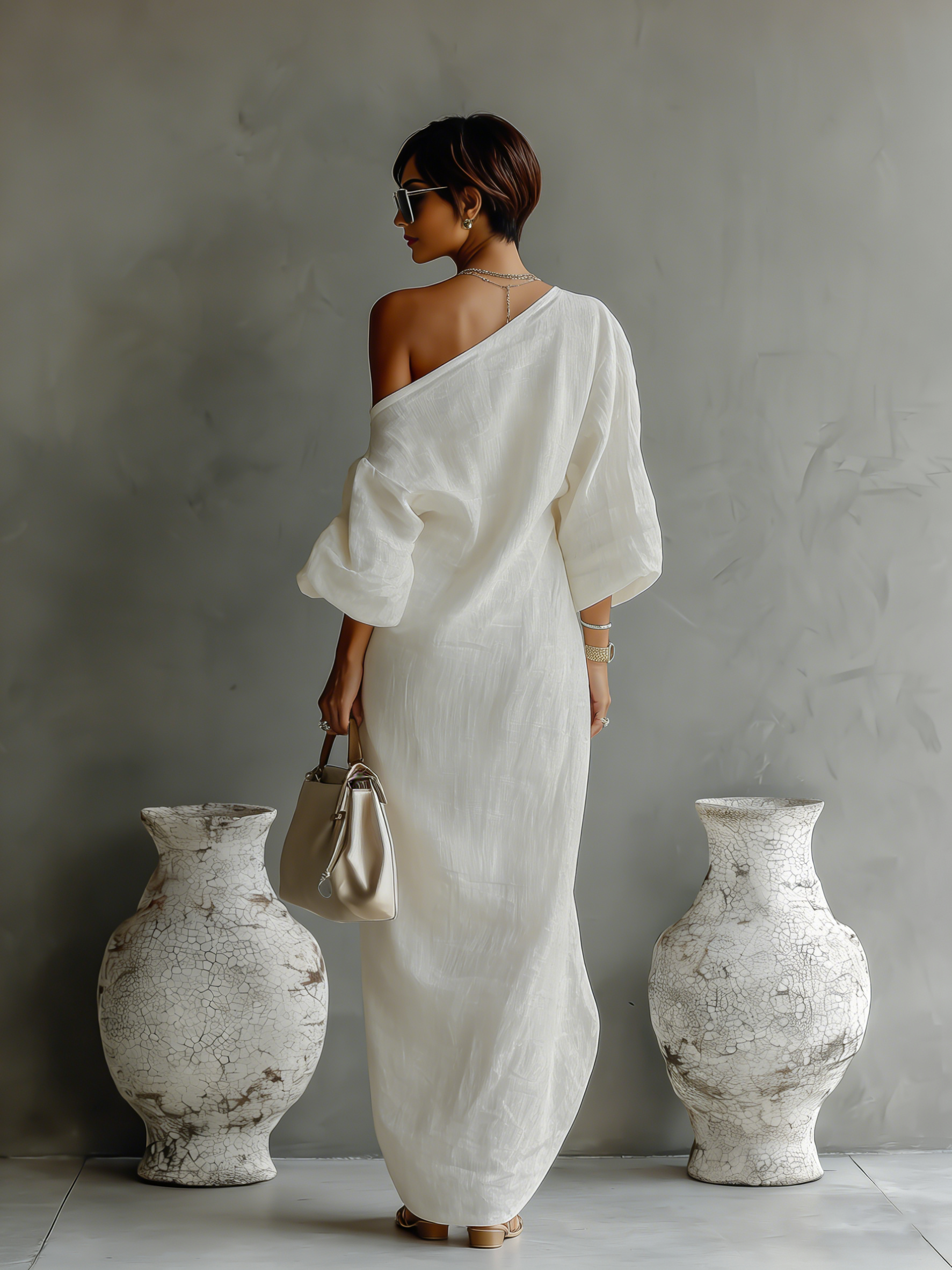 Elegant Flowing Dress in Ivory White Cotton-Linen with Off-Shoulder