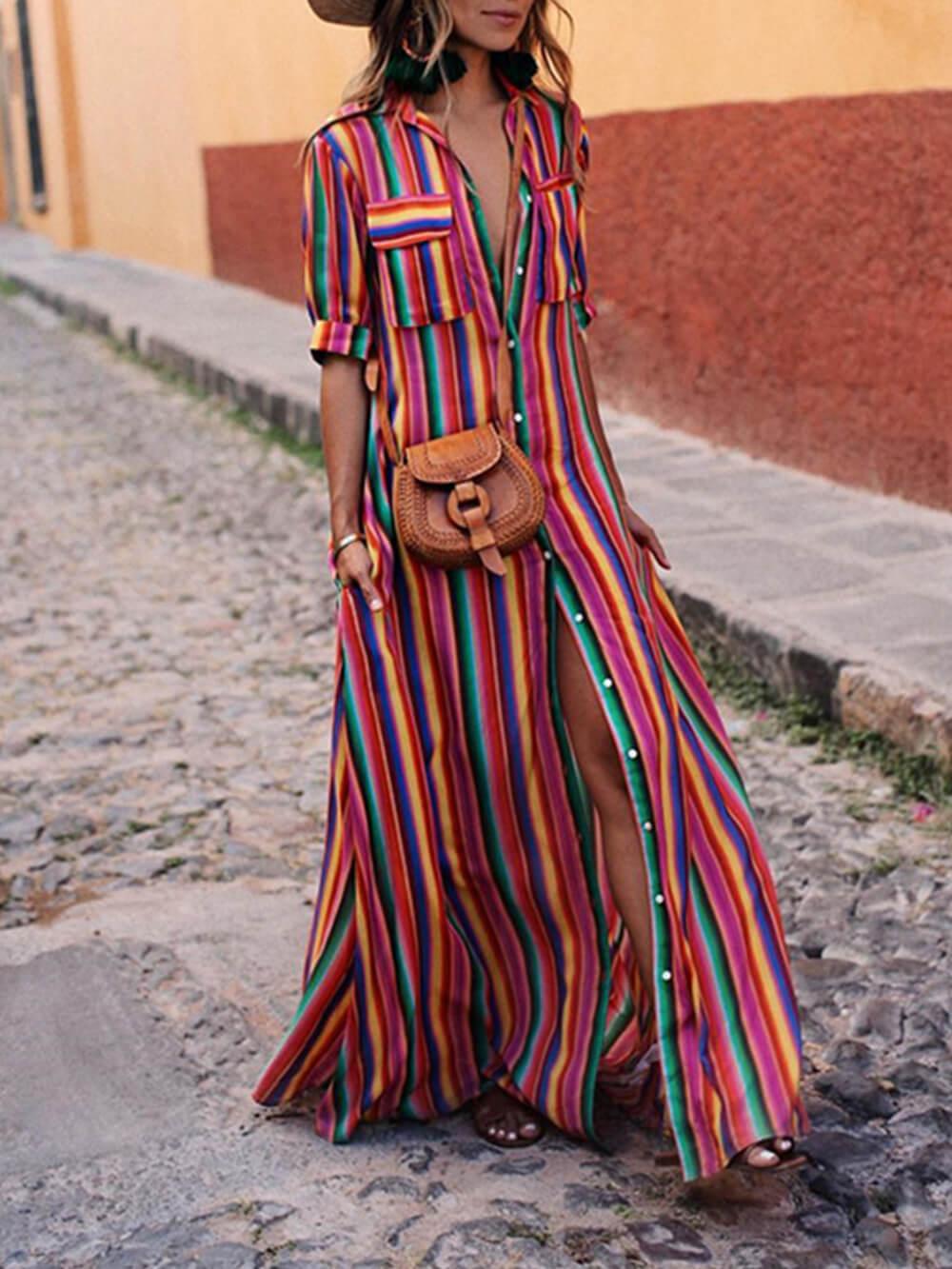 Nancy | Summer Casual Striped Printed Shirt Maxi Skirt