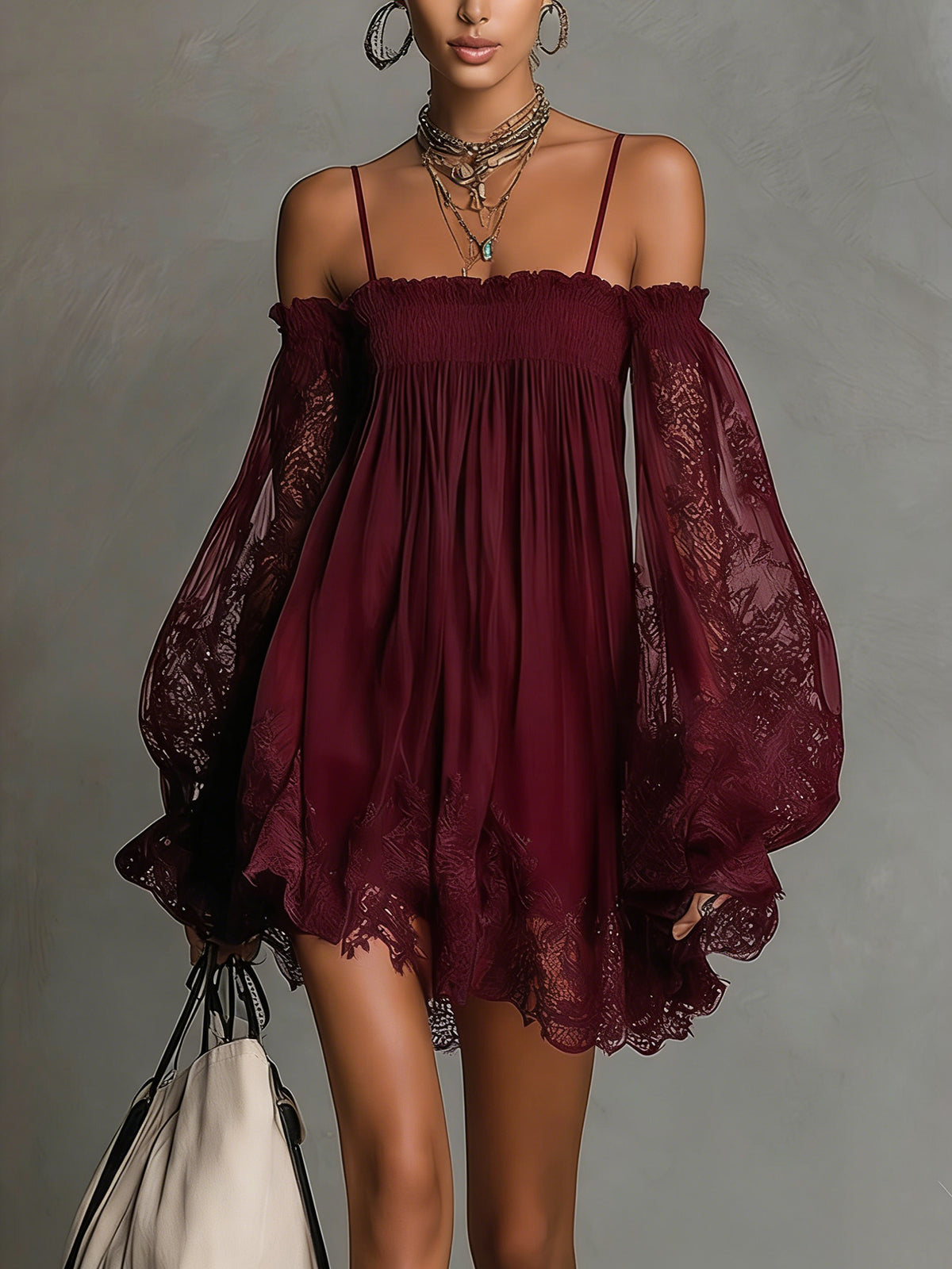 Noemi • Navy blue chiffon mini dress with off-the-shoulder neckline, lace trim, and sheer sleeves
