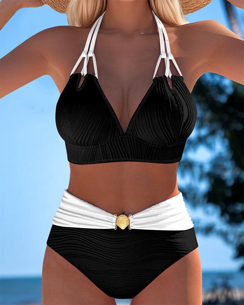 Swimsuit with double straps, high waist, and contrasting color
