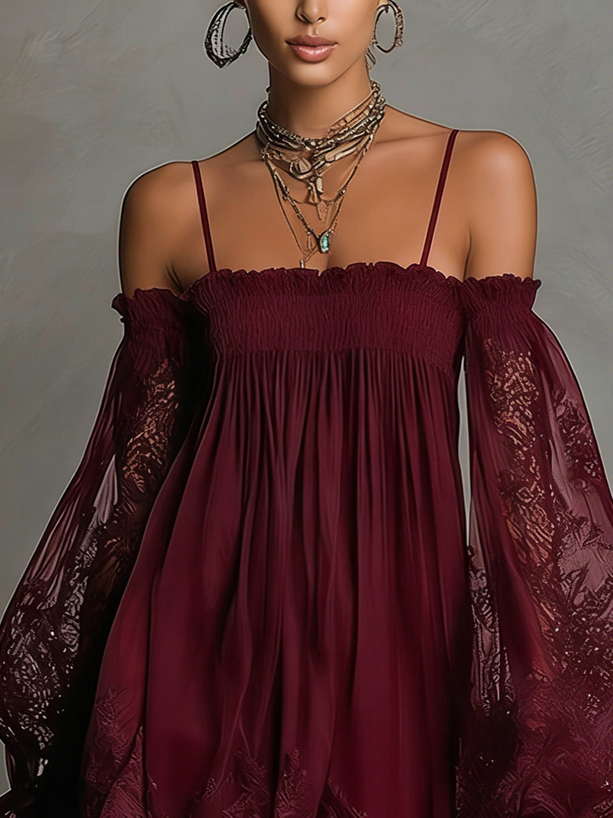 Noemi • Navy blue chiffon mini dress with off-the-shoulder neckline, lace trim, and sheer sleeves