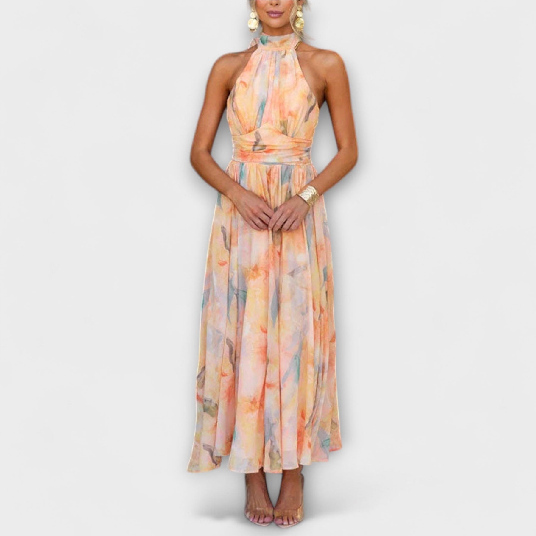 Wein™ | Halter-Neck Watercolor Print Maxi Dress