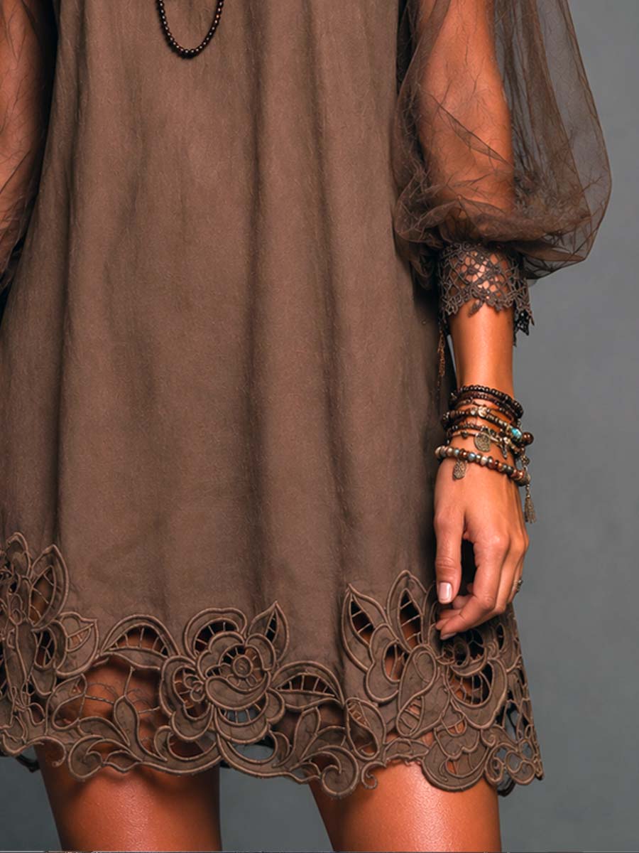 Boho Boat Neck Puff Mesh Sleeve Floral Cutwork Lace Hem Shift Mini Dress