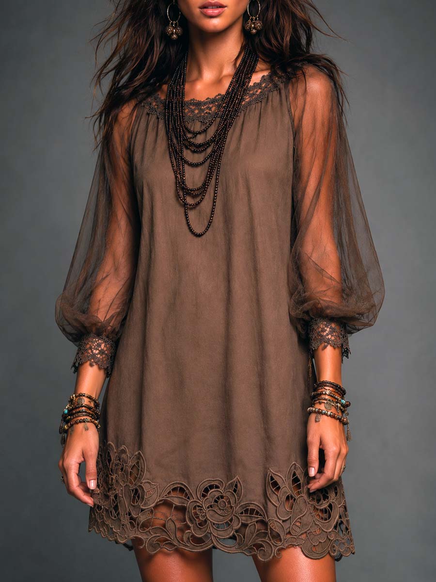 Boho Boat Neck Puff Mesh Sleeve Floral Cutwork Lace Hem Shift Mini Dress