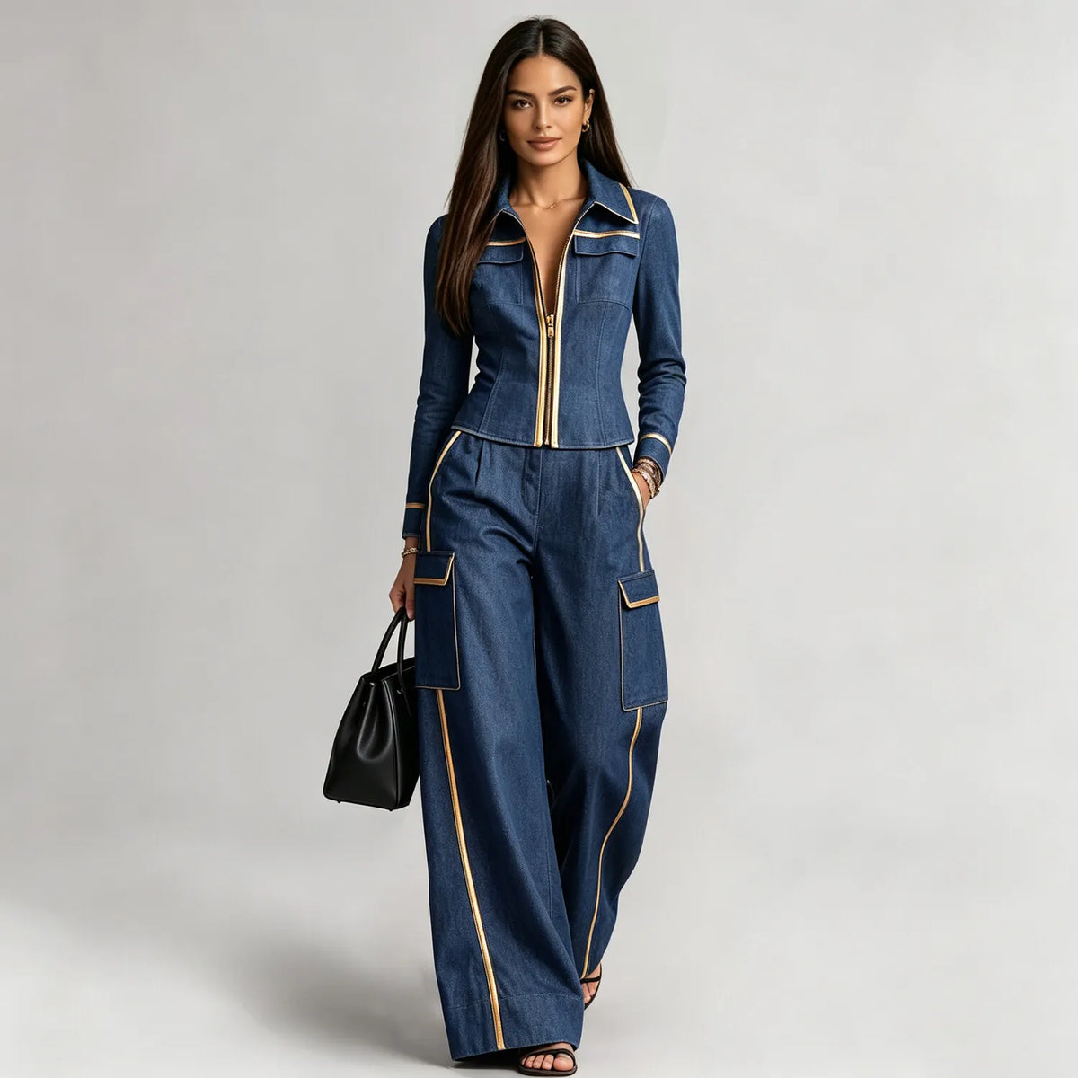 Women's Fashion Turndown Collar Zip Front Contrast Piping Chest Pocket Long Sleeve Denim Blouse