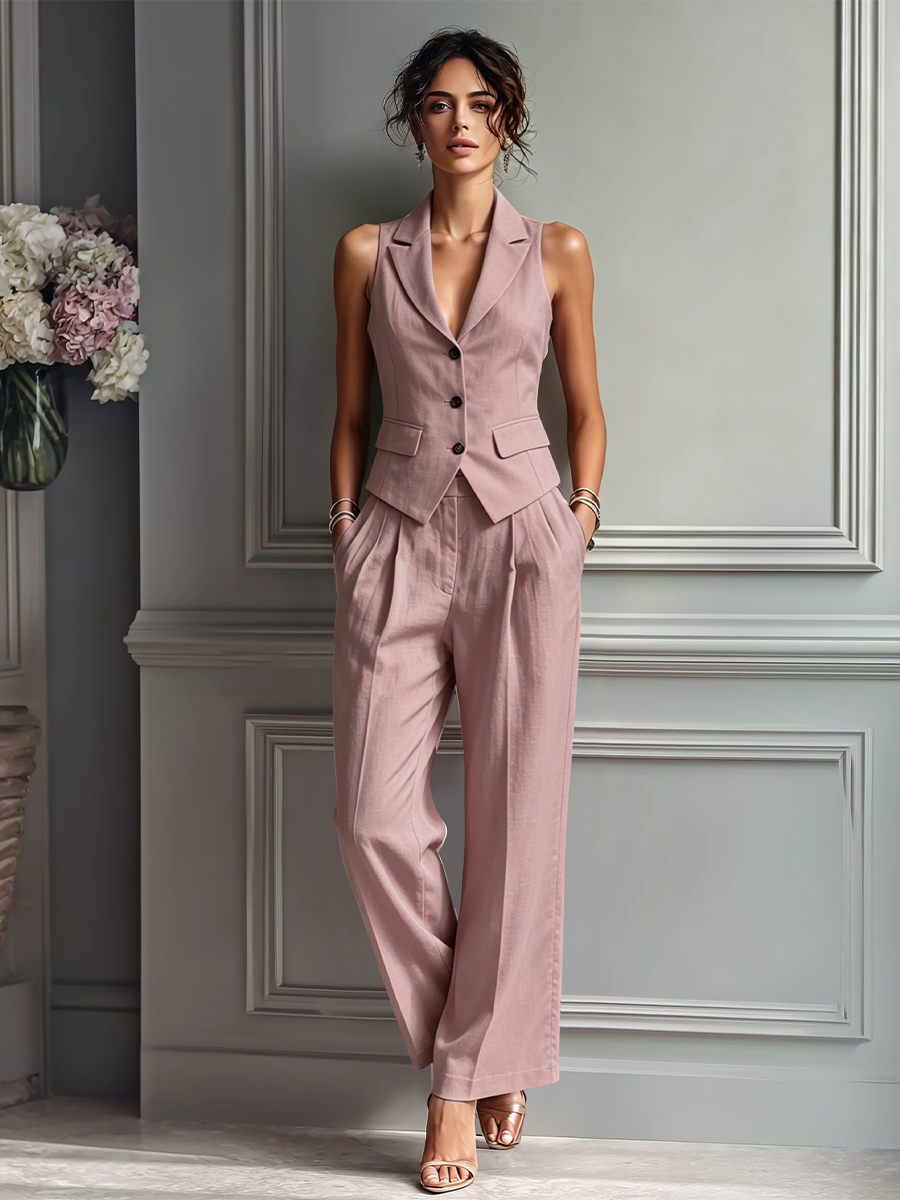 Women's Blush Pink Linen Fabric Sleeveless Vest & Wide-Leg Pants Two-Piece Set With Lapel Collar MDZ3005A5T