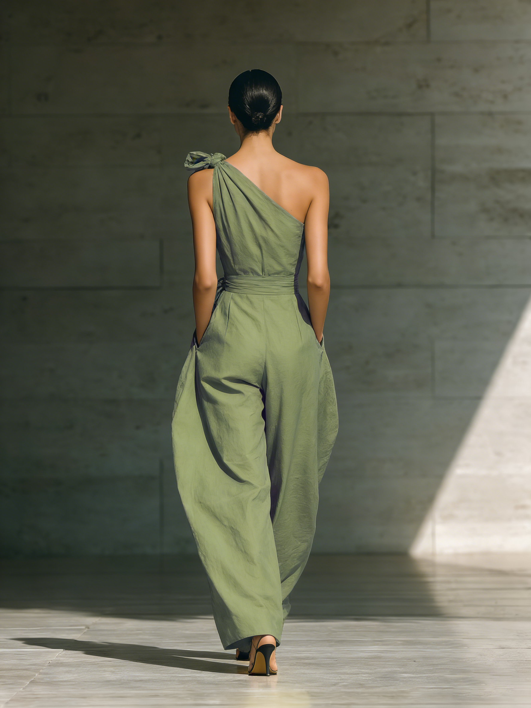 Women's Light Green Cotton And Linen Blend One-Shoulder Wide-Leg Jumpsuit With Tie Waist MDZ3136A8T