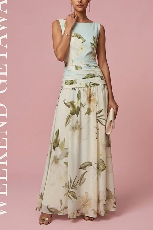 Margovil Boat Neck Sleeveless Floral Print A-line Maxi Dress