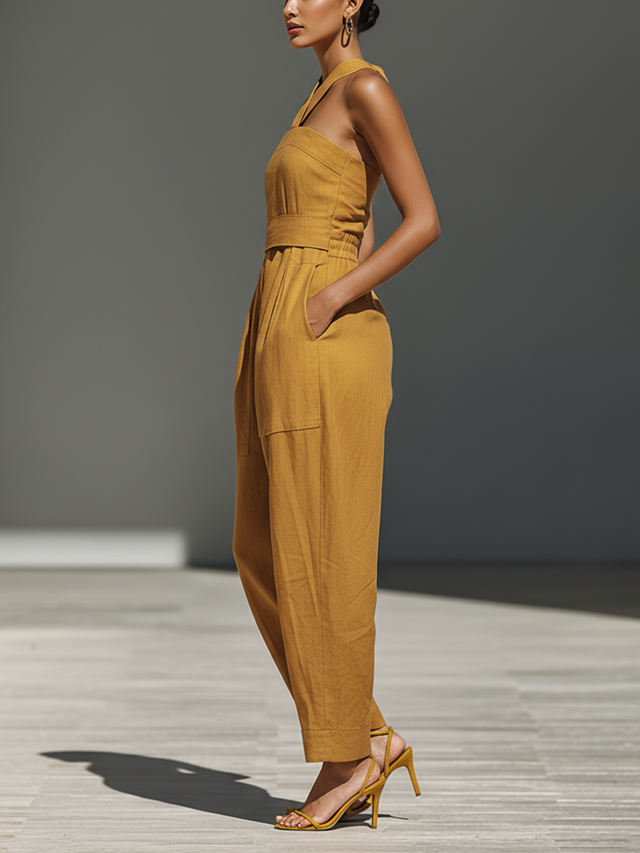 Women's Mustard Yellow Linen-Blend Jumpsuit With Crisscross Neckline & Relaxed Trousers MDZ2808B6T