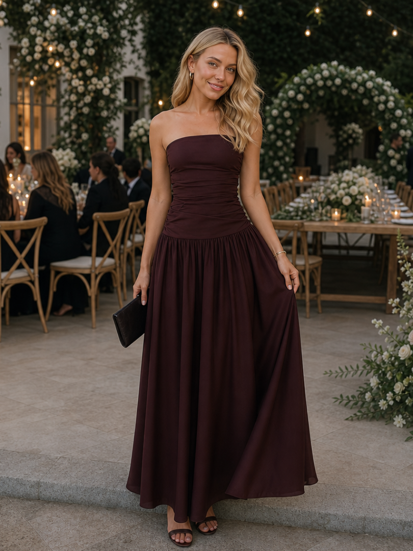 Zelene | Strapless Ruched Bodice Midi Dress