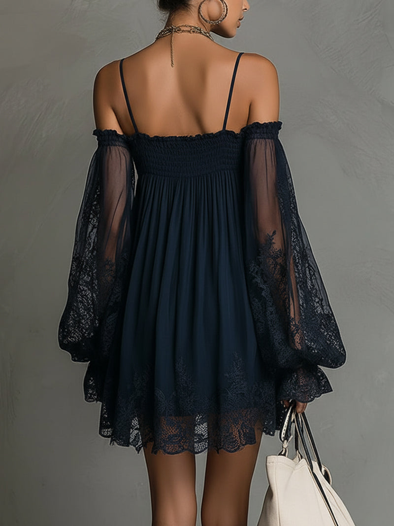 Noemi • Navy blue chiffon mini dress with off-the-shoulder neckline, lace trim, and sheer sleeves