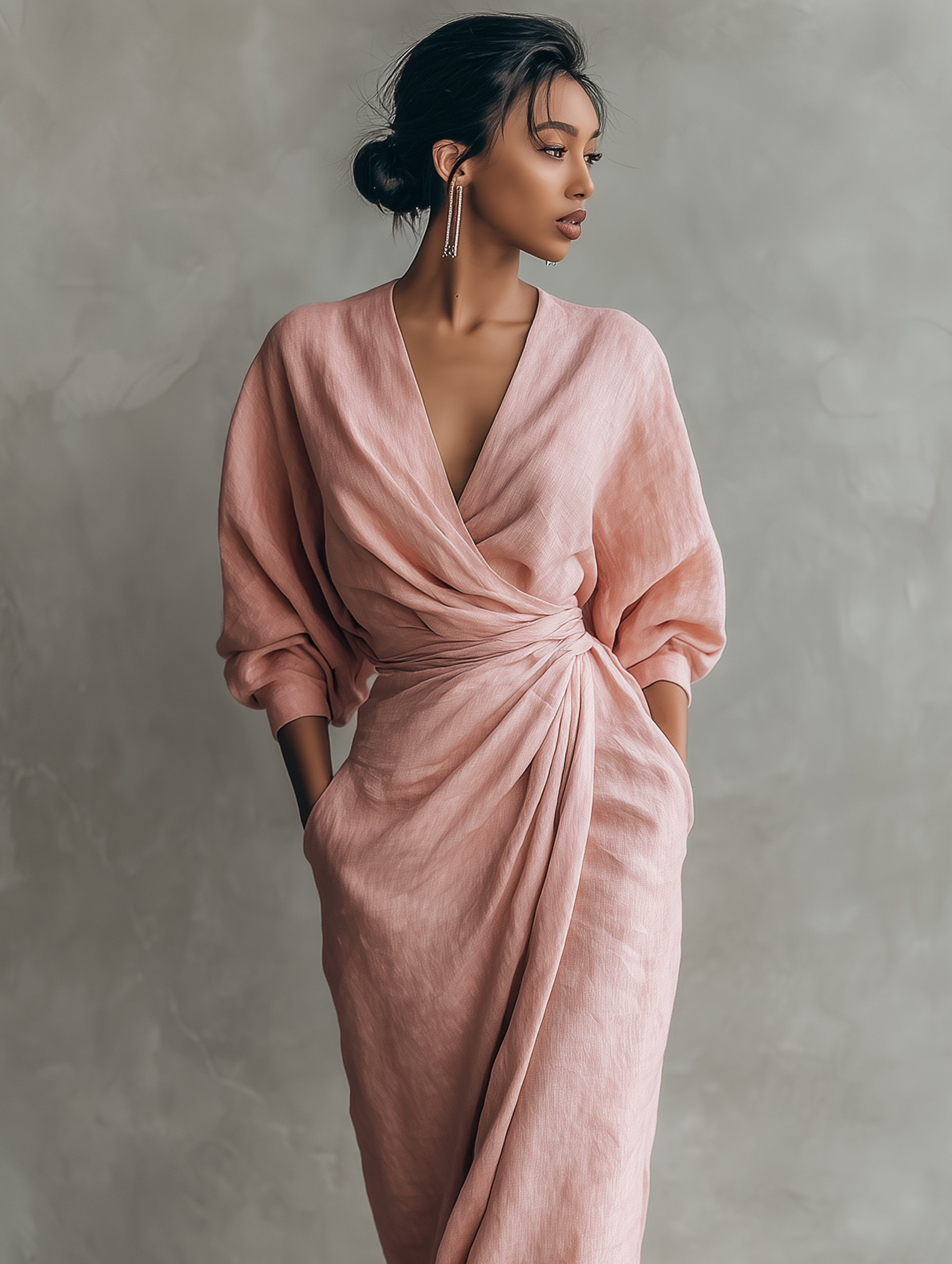Pink Minimalist Maxi Dress with V-Neck in Linen Blend for Women