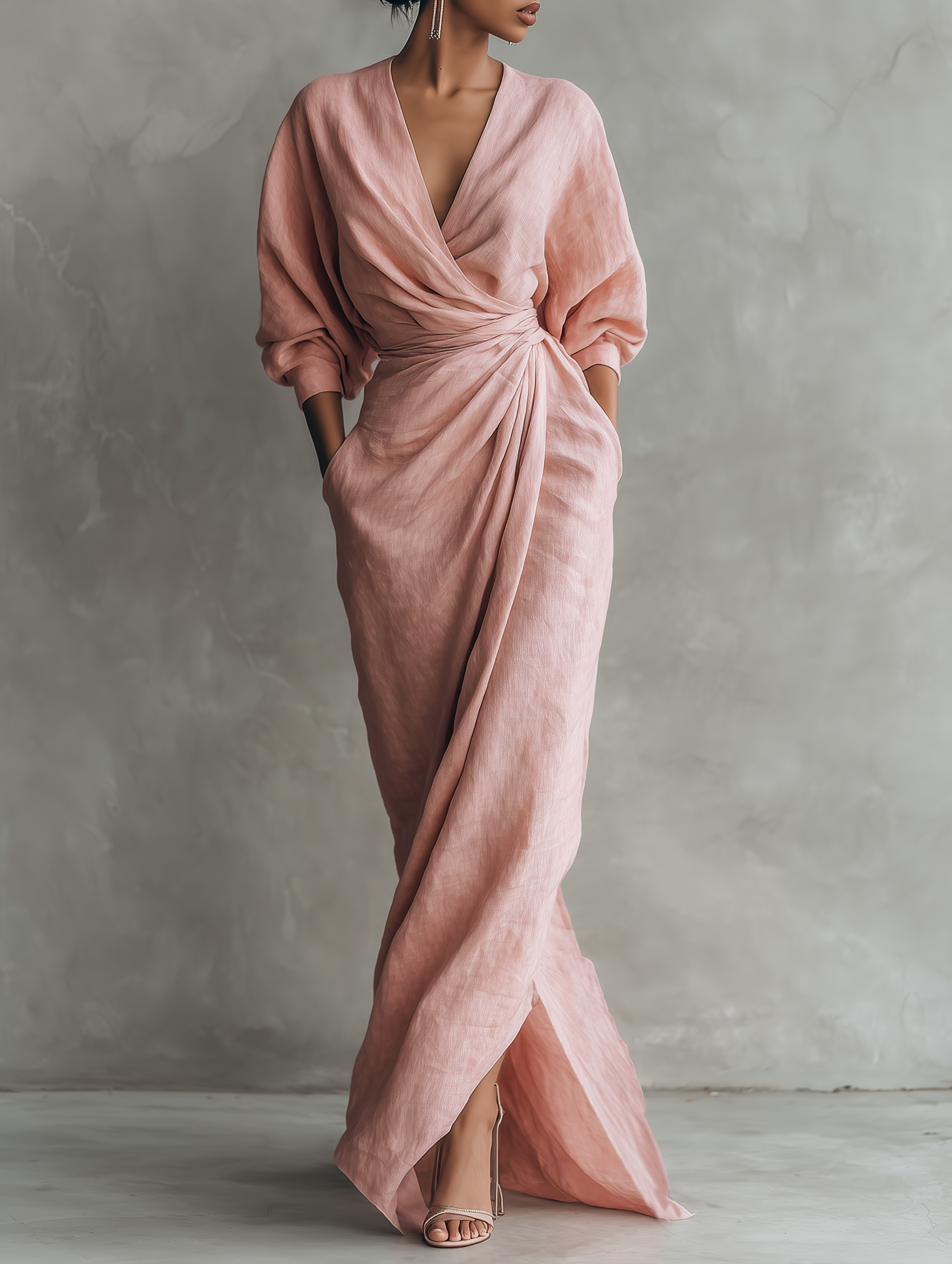 Pink Minimalist Maxi Dress with V-Neck in Linen Blend for Women