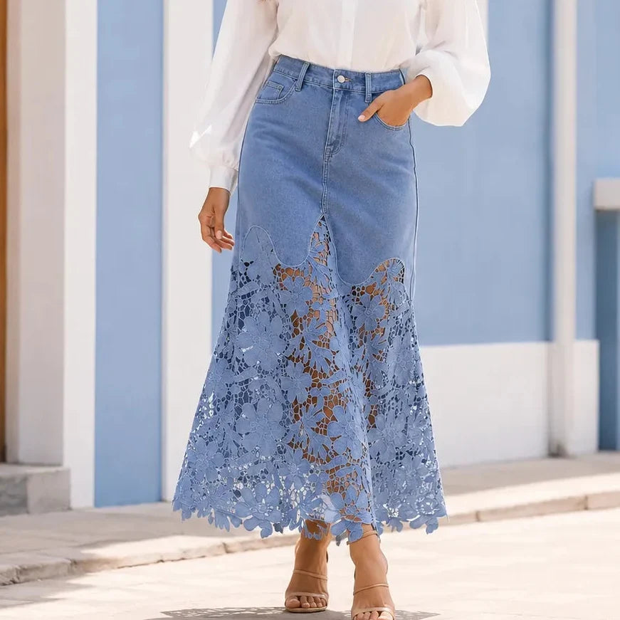Florenza – Floral lace hem high waist denim maxi skirt with pockets